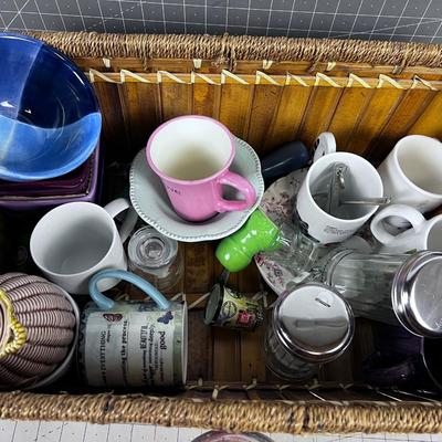 Kitchen Box: Cups, Plates, Measuring Etc. Plus Basket 