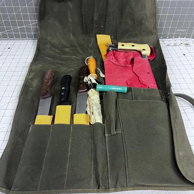 Traveling Butcher Set; Meat Saw, 3 knives,