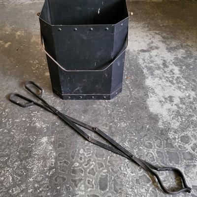 Vintage Iron Coal Bucket & Long Fireplace Tongs