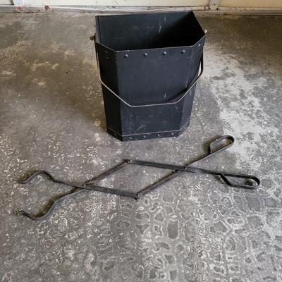 Vintage Iron Coal Bucket & Long Fireplace Tongs