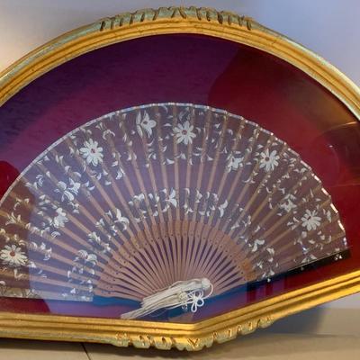 Antique Asian Fan Framed/Mounted Behind Glass
