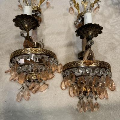 1920 Italian Chandeliers rose crystal with two matching wall sconces