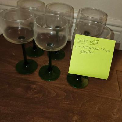 Set of 6 tall green stem glasses