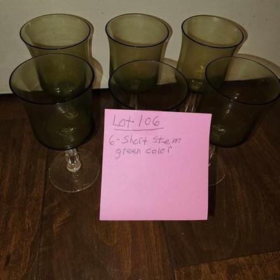 Set of six short stem green glasses