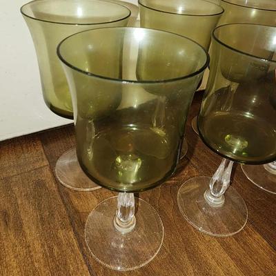 Set of six short stem green glasses