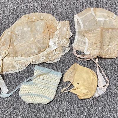 Antique Vintage Baby doll clothes bonnets and single booties