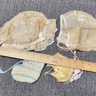 Antique Vintage Baby doll clothes bonnets and single booties