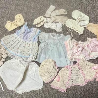 Small doll size clothing dresses, socks shoes, hats, sweater, etc