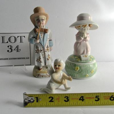 Lot of Vintage Figurines: German Bisque Boy, Japan Porcelain Angel Candle Climber, Enesco Trinket box