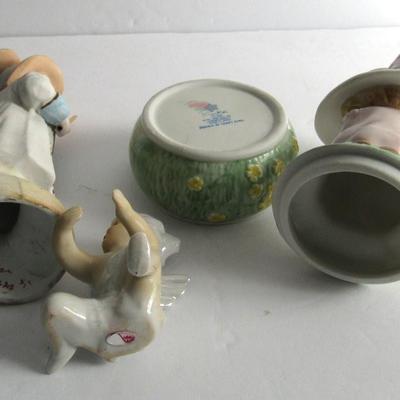 Lot of Vintage Figurines: German Bisque Boy, Japan Porcelain Angel Candle Climber, Enesco Trinket box