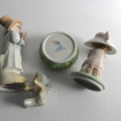 Lot of Vintage Figurines: German Bisque Boy, Japan Porcelain Angel Candle Climber, Enesco Trinket box