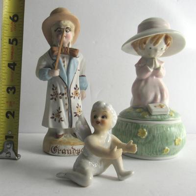 Lot of Vintage Figurines: German Bisque Boy, Japan Porcelain Angel Candle Climber, Enesco Trinket box