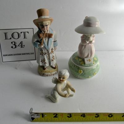 Lot of Vintage Figurines: German Bisque Boy, Japan Porcelain Angel Candle Climber, Enesco Trinket box