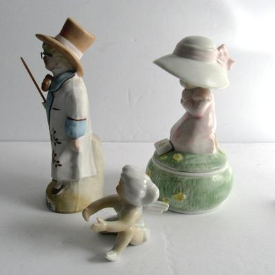 Lot of Vintage Figurines: German Bisque Boy, Japan Porcelain Angel Candle Climber, Enesco Trinket box