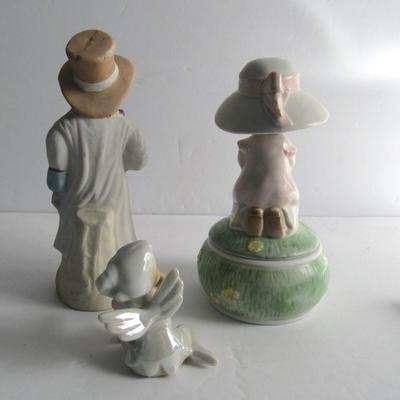 Lot of Vintage Figurines: German Bisque Boy, Japan Porcelain Angel Candle Climber, Enesco Trinket box
