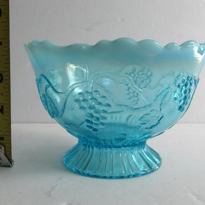 Vintage Blue Opalescent Footed Bowl, Grapes Theme