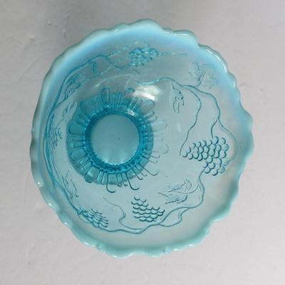 Vintage Blue Opalescent Footed Bowl, Grapes Theme