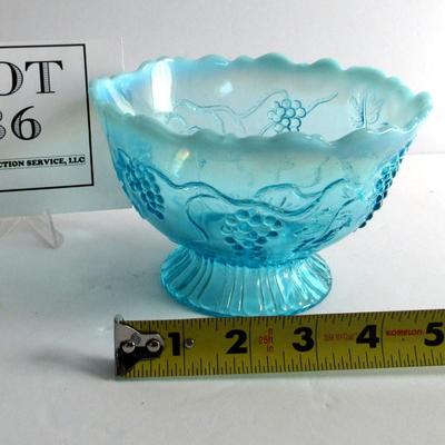 Vintage Blue Opalescent Footed Bowl, Grapes Theme