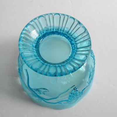 Vintage Blue Opalescent Footed Bowl, Grapes Theme