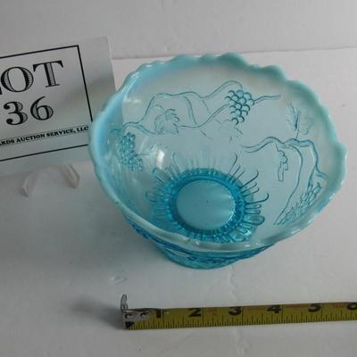 Vintage Blue Opalescent Footed Bowl, Grapes Theme