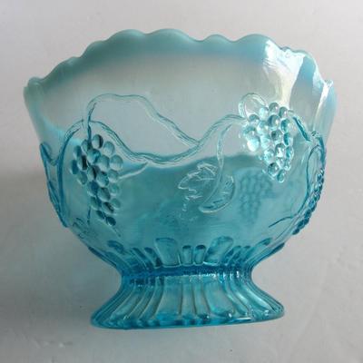 Vintage Blue Opalescent Footed Bowl, Grapes Theme