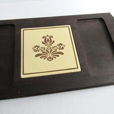 Vintage Pfaltzgraff Village Pattern Cheese and Cracker Tray, Wood Base, Signed