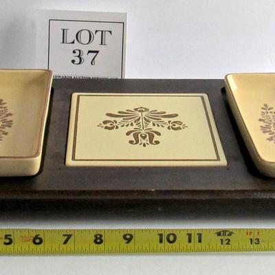 Vintage Pfaltzgraff Village Pattern Cheese and Cracker Tray, Wood Base, Signed