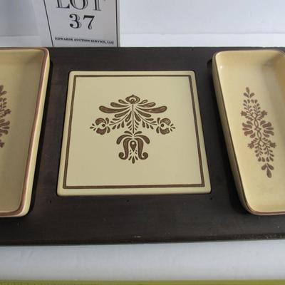 Vintage Pfaltzgraff Village Pattern Cheese and Cracker Tray, Wood Base, Signed