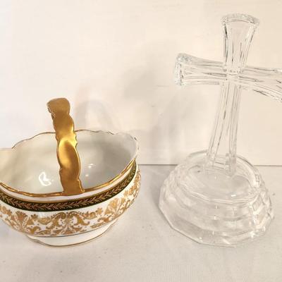 Lot #14 2 Pieces - Crystal Standing Cross and Limoges Basket
