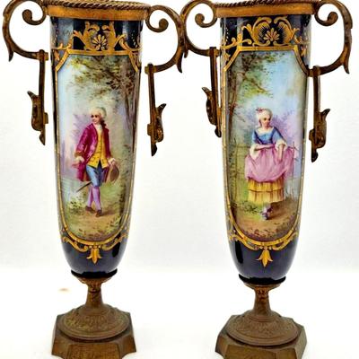 Pair of Antique French Sevres Porcelain Urns, Hand Painted, 1880's