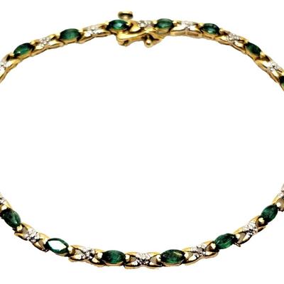 Gorgeous Marquise Emerald & Diamond 10k Yellow Gold Tennis Bracelet