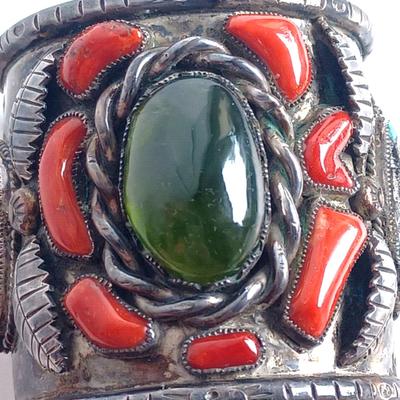 Lg Native American Green Amber Turqouise & Coral Sterling Cuff Bracelet Wilford Chee