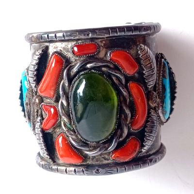 Lg Native American Green Amber Turqouise & Coral Sterling Cuff Bracelet Wilford Chee