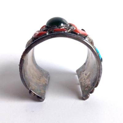 Lg Native American Green Amber Turqouise & Coral Sterling Cuff Bracelet Wilford Chee