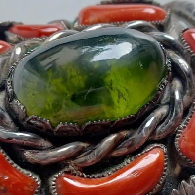 Lg Native American Green Amber Turqouise & Coral Sterling Cuff Bracelet Wilford Chee