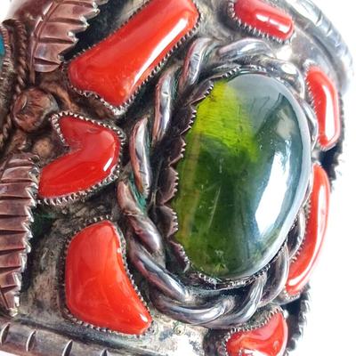 Lg Native American Green Amber Turqouise & Coral Sterling Cuff Bracelet Wilford Chee
