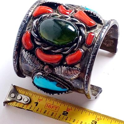 Lg Native American Green Amber Turqouise & Coral Sterling Cuff Bracelet Wilford Chee