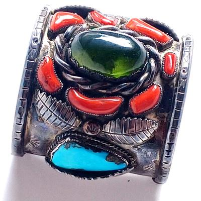 Lg Native American Green Amber Turqouise & Coral Sterling Cuff Bracelet Wilford Chee