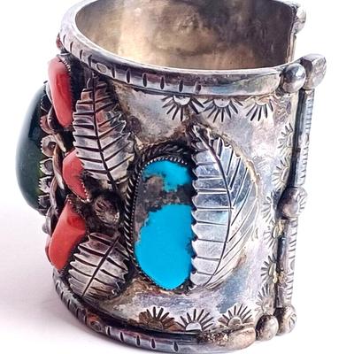 Lg Native American Green Amber Turqouise & Coral Sterling Cuff Bracelet Wilford Chee