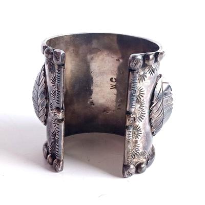 Lg Native American Green Amber Turqouise & Coral Sterling Cuff Bracelet Wilford Chee