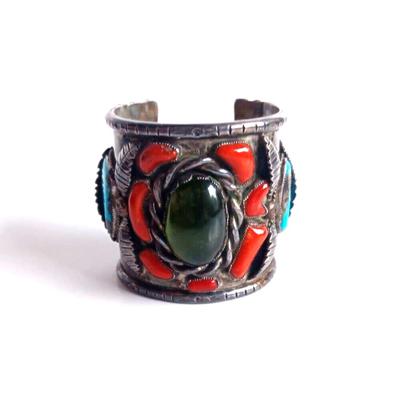 Lg Native American Green Amber Turqouise & Coral Sterling Cuff Bracelet Wilford Chee