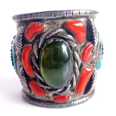 Lg Native American Green Amber Turqouise & Coral Sterling Cuff Bracelet Wilford Chee
