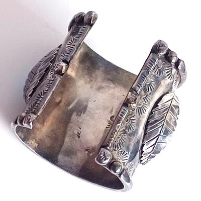 Lg Native American Green Amber Turqouise & Coral Sterling Cuff Bracelet Wilford Chee
