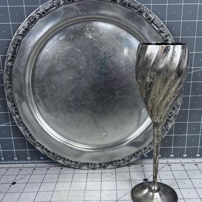 Pewter Platter and Silver Goblet