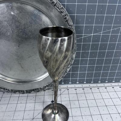 Pewter Platter and Silver Goblet