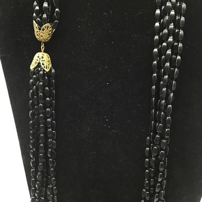 Crazy Long Vintage 8-Strand Black Plastic Faceted Bicone Bead Necklace