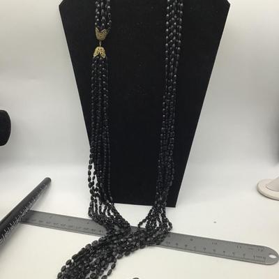 Crazy Long Vintage 8-Strand Black Plastic Faceted Bicone Bead Necklace
