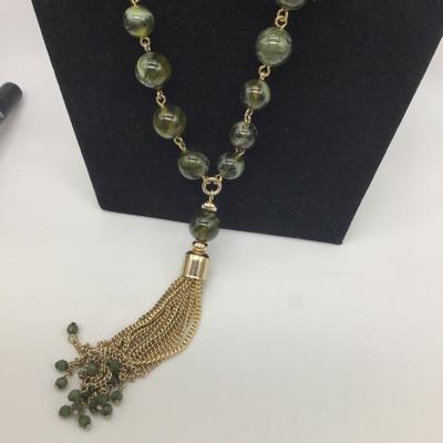 Talbots Green Gold Tone Tassel Necklace