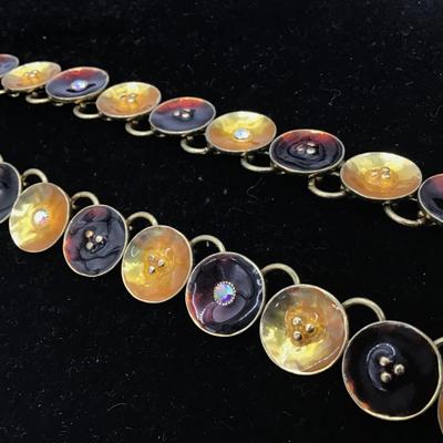Enamel and Rhinestone Disk Vintage Style Necklace Amber and Gold Tones