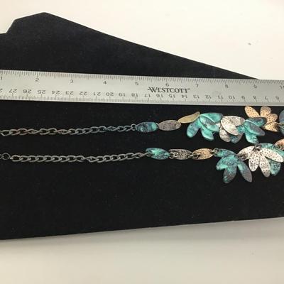 Turquoise and brass, silver toned leaf necklace